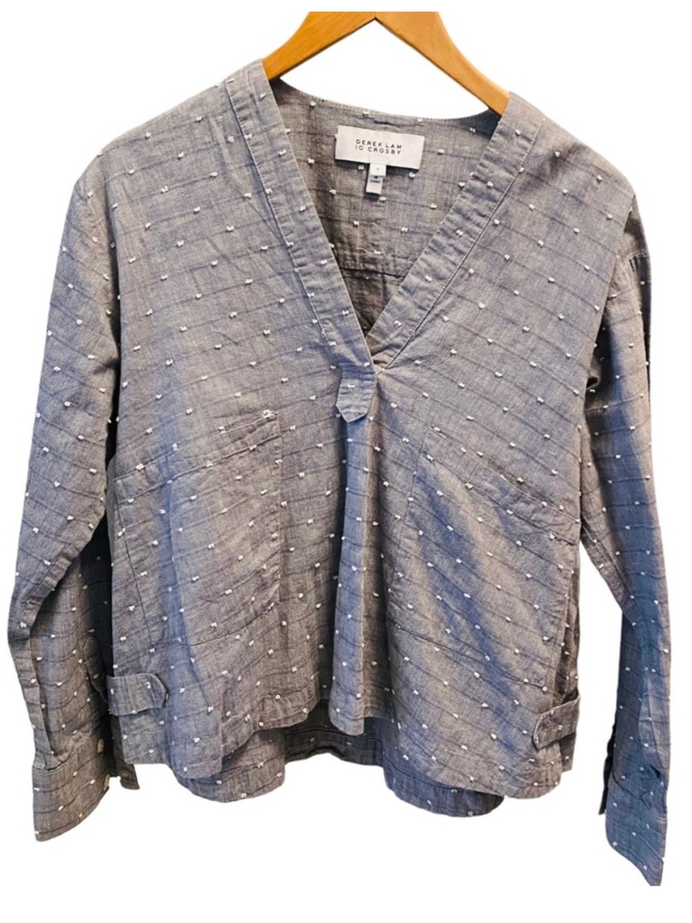 Derek Lam 10 Crosby Grey Swiss Dot Chambray V-Neck Popover Top